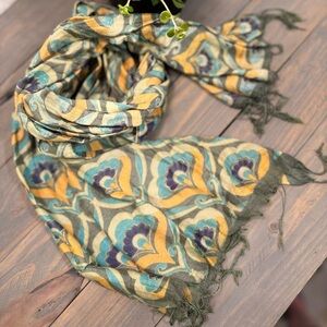 Peacock Patterned Scarf - Green, Yellow and Turquoise with Green threaded fringe